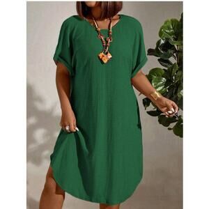 SHEIN Emerald Green Textured Plisse Shift Dress XL High Low Boho Minimalist